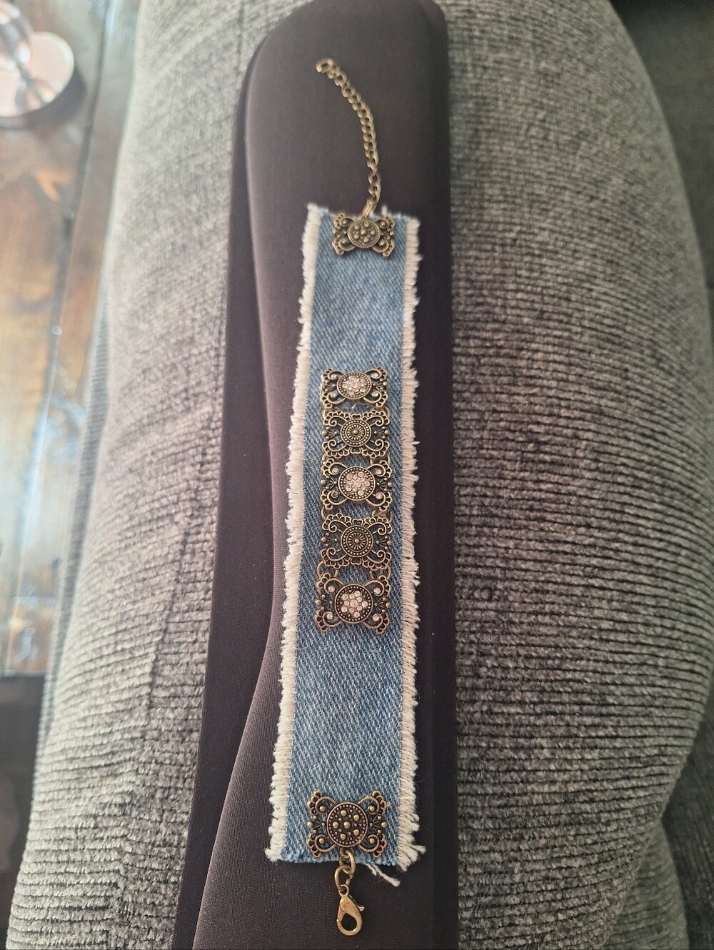 Denim Fringe Statement Bracelet with Antique Gold Accents Handmade